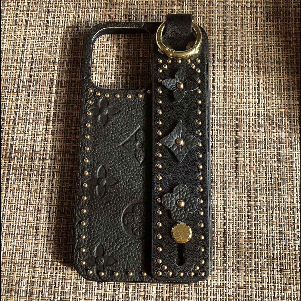 Black Leather Studded Phone Case with Strap